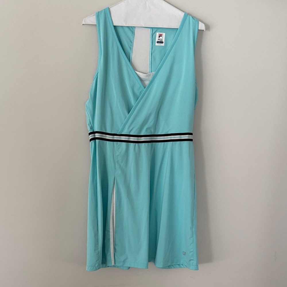 Fila Aqua Blue Wrap Dress with Black and White Stripes